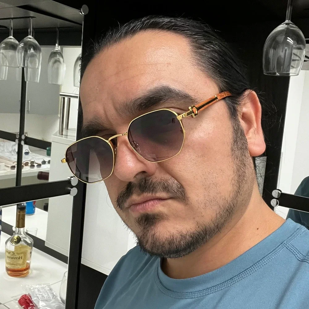 Men Sunglasses Fashion Designer Brown Lens Gold Octagon Wood Arms Street‎ Wear